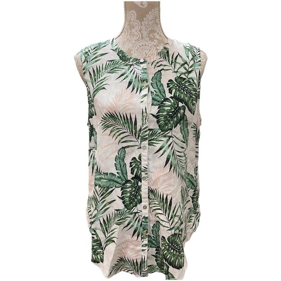 C&C California Sleeveless Linen Top Size Medium Hawaiian Print White/green/pink - Picture 2 of 9